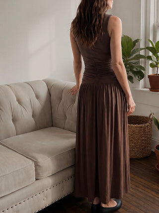 Brown Midnight Flow Ruched Maxi Dress