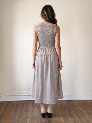 Checked Out Gingham Midi Dress by BLU PEPPER, brown and white checked pattern, knee-length with a fitted waist and short sleeves.