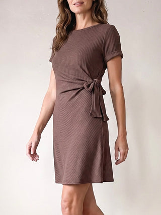 SUNDAY EDITION BY LE LIS Mocha Moment Side Tie Dress featuring a flowy silhouette and side tie details, perfect for casual or semi-formal wear.
