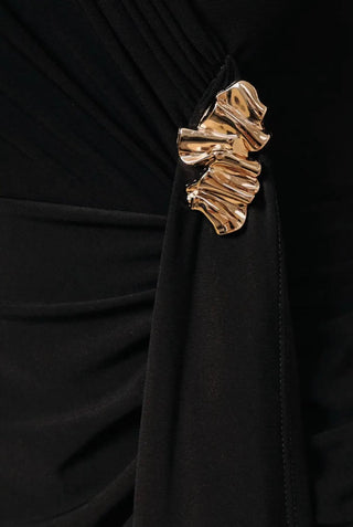 SUNDAY EDITION BY LE LIS Midnight Luxe Draped Midi Dress in black with flowing fabric and elegant drape, displayed on a mannequin.