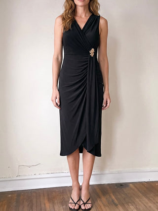 SUNDAY EDITION BY LE LIS Midnight Luxe Draped Midi Dress, elegant black dress with flowing fabric and draped design.