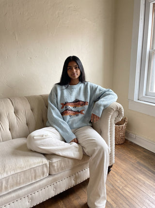 Trout Graphic Knit Sweater | Blue