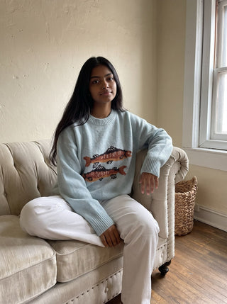 Trout Graphic Knit Sweater | Blue