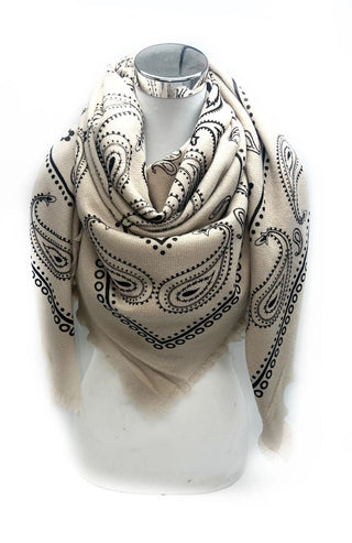 Paisley Wool Blend Scarf | Light Beige/Black