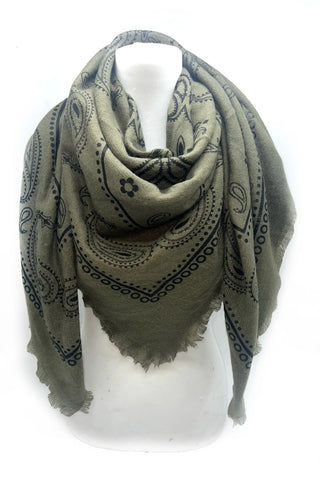 Paisley Wool Scarf | Olive/Black