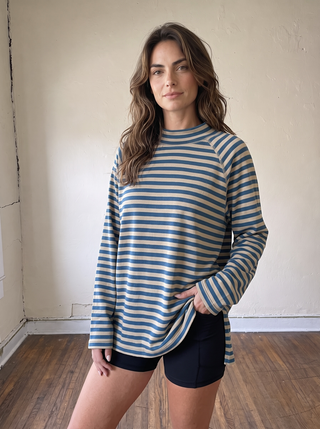 Weekend Stripe Mock Neck Top | Tan