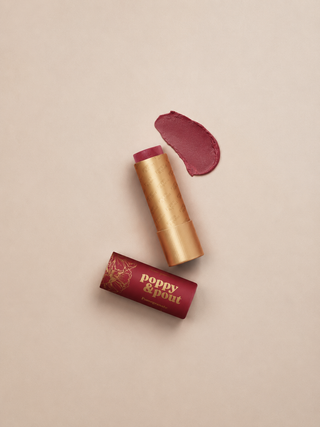 Poppy & Pout Lip Tint gift set with vibrant lip colors, displayed in a stylish box, perfect for gifting.