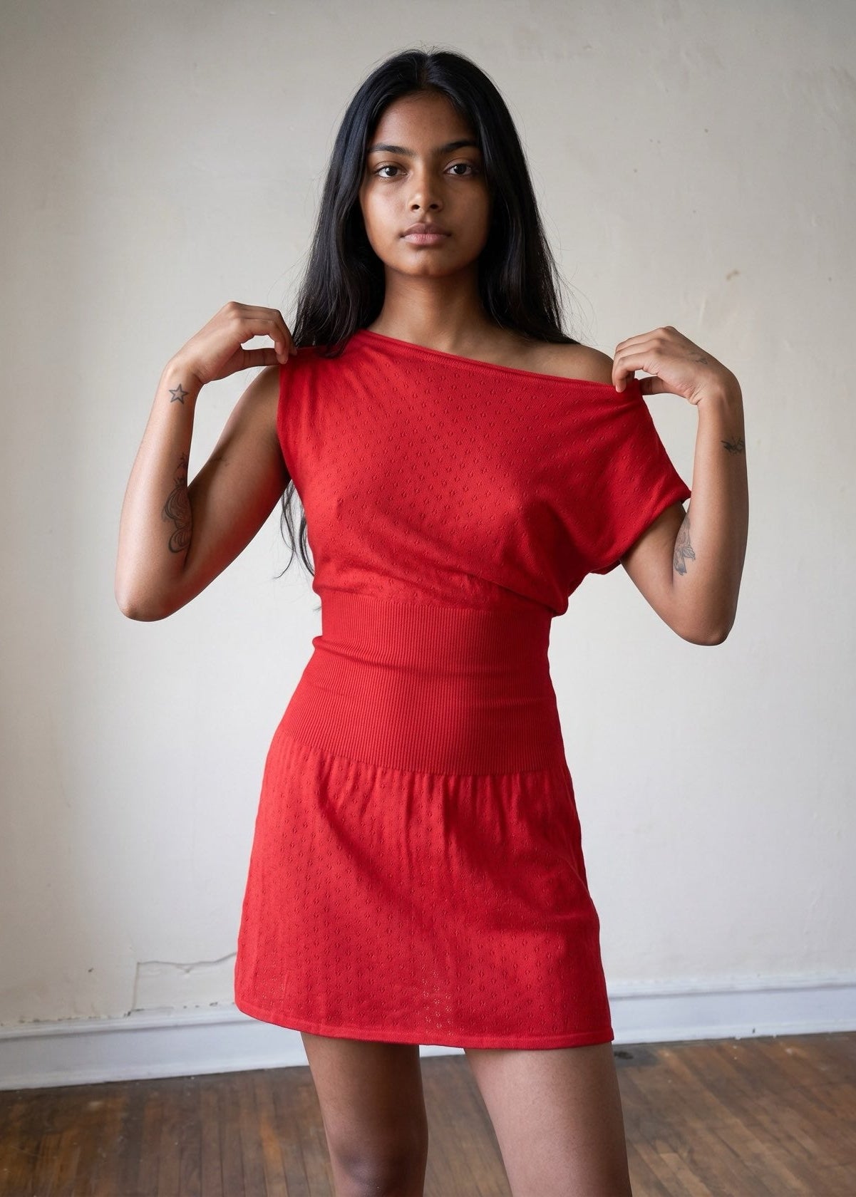 Red Pointelle Asymmetrical One Shoulder Knit Dress M