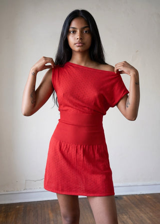 Red Pointelle Asymmetrical One Shoulder Knit Dress