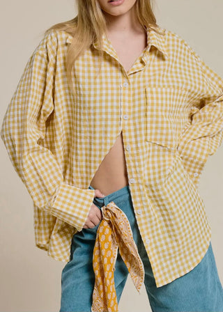Relaxed Gingham Button Down Shirt| Gold with tan background 