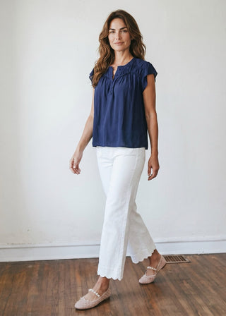 Ruffled Navy Blue Henley Blouse