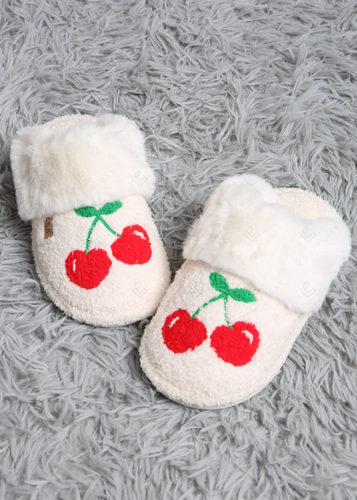 Adult Ivory scuff slippers with cherries on them and fur lining.
