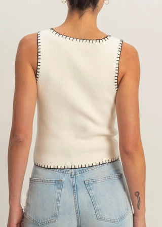 White Contrast Stitch Square Neck Ribbed Tank