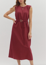 Load image into Gallery viewer, Woman wearing a burgundy dress with a belt on a white background
