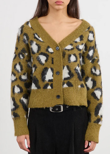 Person wearing a green cardigan with a leopard print pattern on a white background