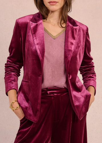 Person wearing a pink velvet blazer and matching pants on a light pink background