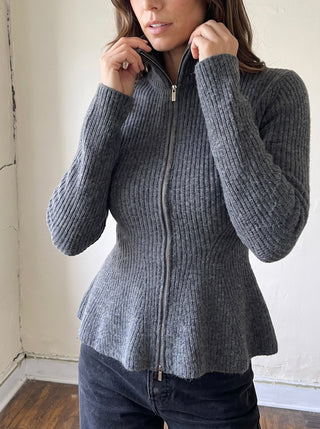 Sculpted Rib Zip Cardigan | Charcoal
