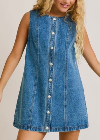 Sleeveless Round Neck Button Down Denim Dress with white background 