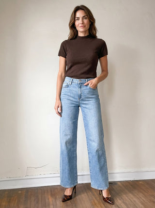 SKIES ARE BLUE SSLV soft knit mock neck sweater top in dark chocolate, featuring cozy fabric and a classic knit design.