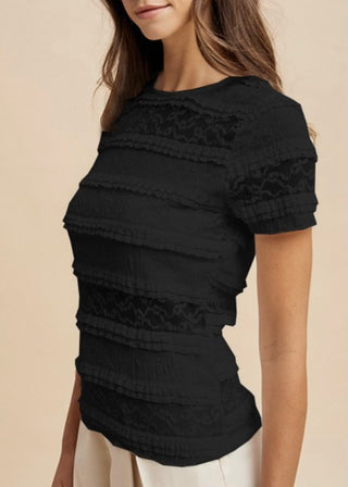 Stretch Frill Lace Short Sleeve Knit Top – Black with tan background 