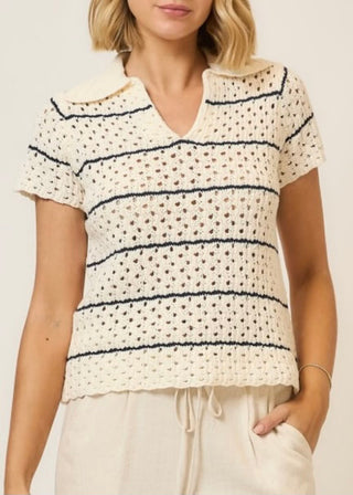 Striped Open-Knit Collared Top