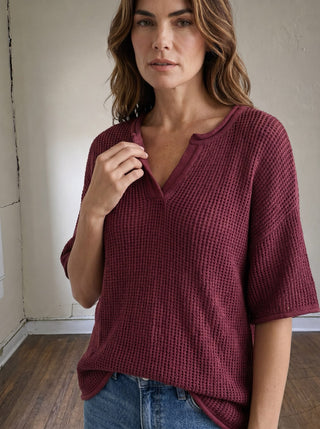Textured Waffle Split Neck Top