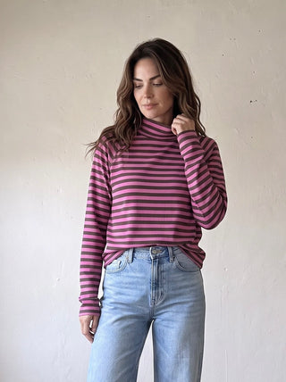 Weekend Stripe Mock Neck Top | Brown