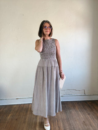 Checked Out Gingham Midi Dress | Brown