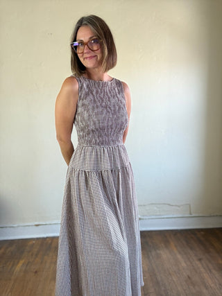 Checked Out Gingham Midi Dress | Brown