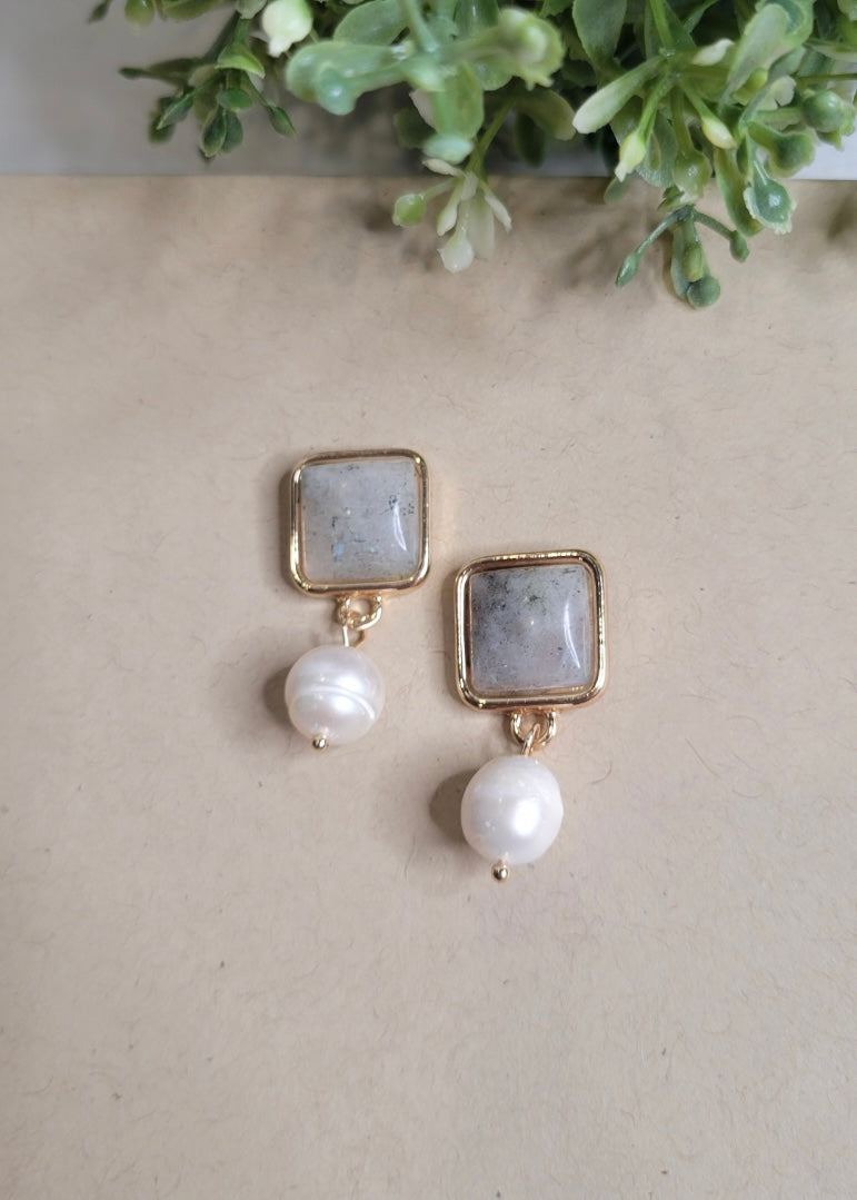 Square Stone Pearl Earrings