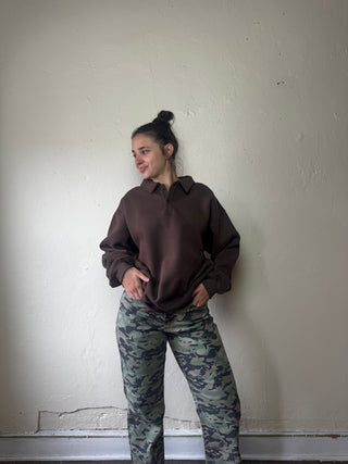 OLIVACEOUS Harbor Rugby Sweatshirt in dark brown, long sleeve top with a comfortable fit and casual style.