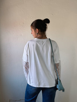 White Lace & Layer Essential Tee by Sunday Edition by Le Lis, featuring delicate lace details and a relaxed fit.