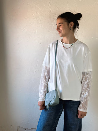 White Lace & Layer Essential Tee by Sunday Edition by Le Lis, featuring delicate lace accents and layered fabric design.
