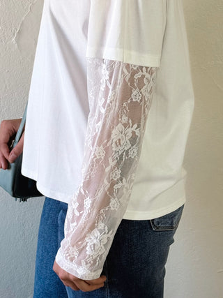 White Lace & Layer Essential Tee by SUNDAY EDITION BY LE LIS, showing close-up of soft fabric and delicate lace details.
