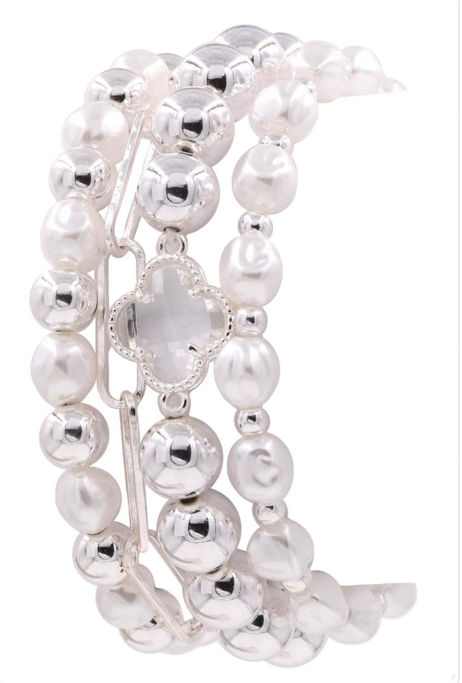 Cream Pearl Quatrefoil Stretch Bracelet Set