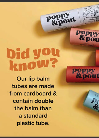 Poppy & Pout Lip Balm gift set with colorful packaging, featuring moisturizing lip balm tubes in vibrant shades and floral accents.